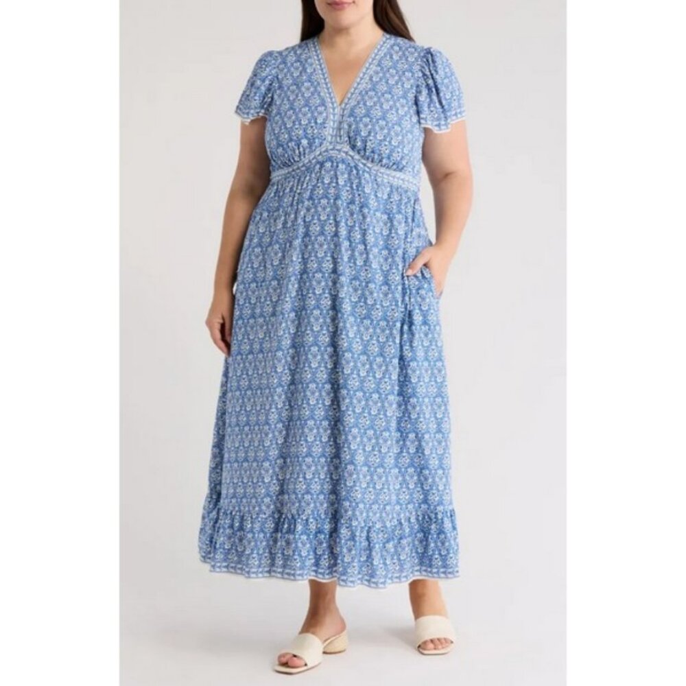💕MAX STUDIO💕 Flutter Sleeve V-Neck Dress ~ Blue/White Rosette Tapestry 1X NWT